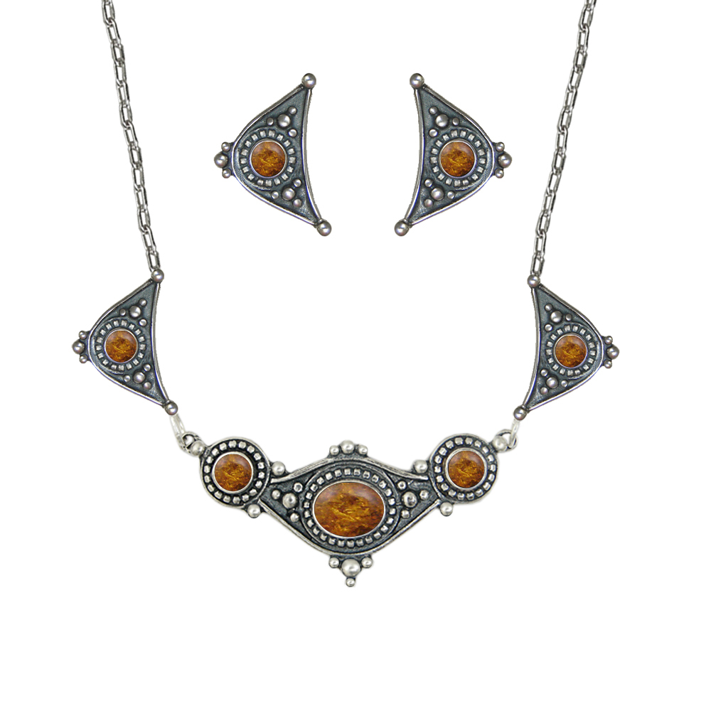 Sterling Silver Designer Necklace Earrings Amber